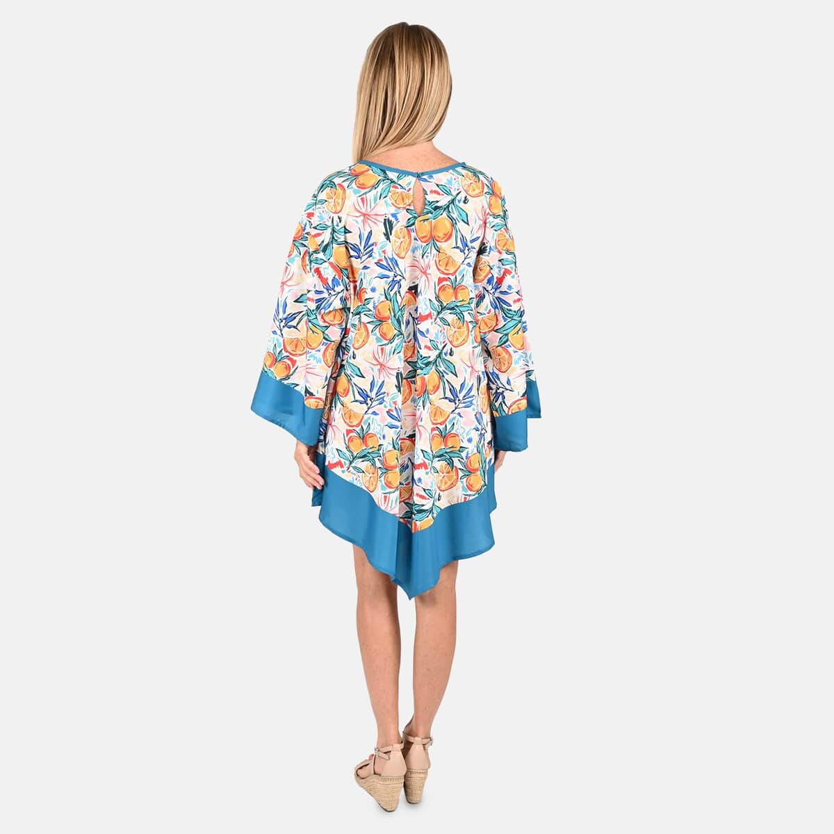 Tamsy White and Sky Blue Floral & Citrus Print Handkerchief Kaftan Dress - One Size Fits Most , Holiday Dress , Swimsuit Cover Up , Beach Cover Ups , Holiday Clothes image number 1