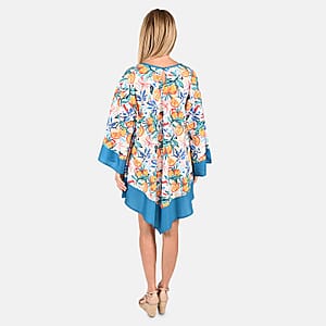 Tamsy White and Sky Blue Floral & Citrus Print Handkerchief Kaftan Dress - One Size Fits Most , Holiday Dress , Swimsuit Cover Up , Beach Cover Ups , Holiday Clothes