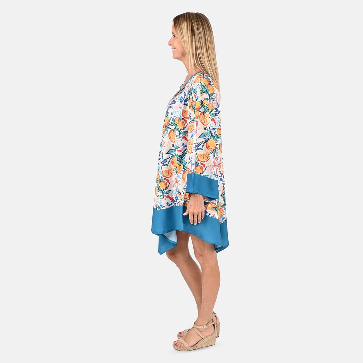 Tamsy White and Sky Blue Floral & Citrus Print Handkerchief Kaftan Dress - One Size Fits Most , Holiday Dress , Swimsuit Cover Up , Beach Cover Ups , Holiday Clothes image number 2