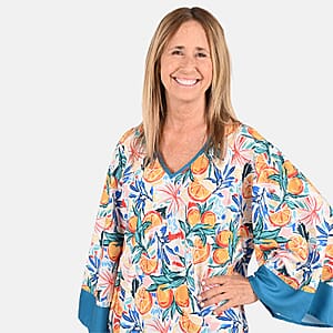 Tamsy White and Sky Blue Floral & Citrus Print Handkerchief Kaftan Dress - One Size Fits Most , Holiday Dress , Swimsuit Cover Up , Beach Cover Ups , Holiday Clothes