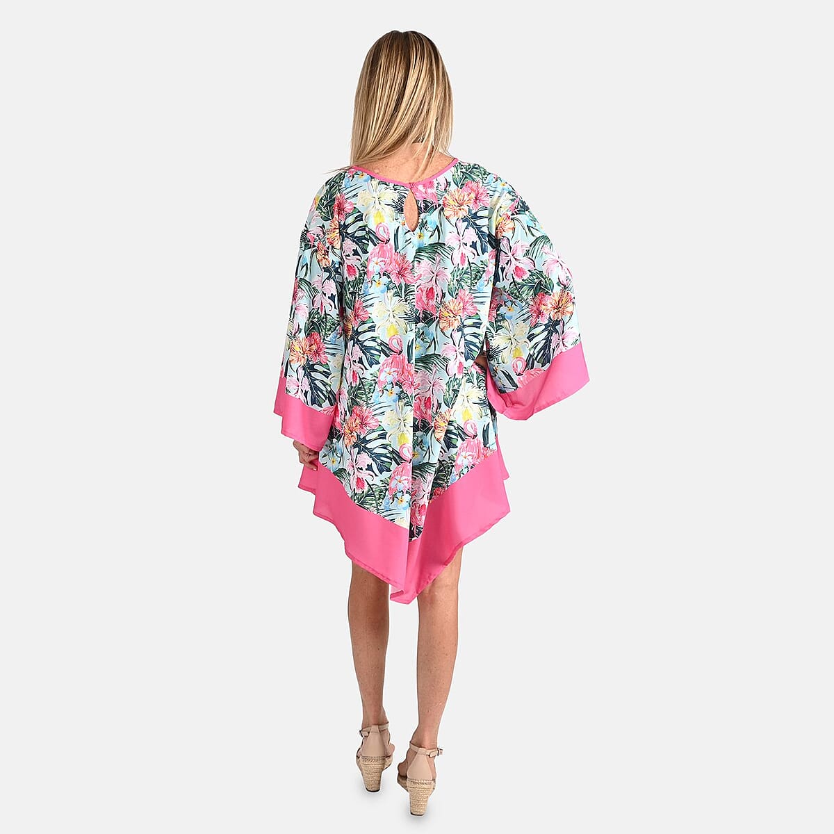 Tamsy Pink and Turquoise Floral Print Handkerchief Kaftan Dress - One Size Fits Most , Holiday Dress , Swimsuit Cover Up , Beach Cover Ups , Holiday Clothes image number 1