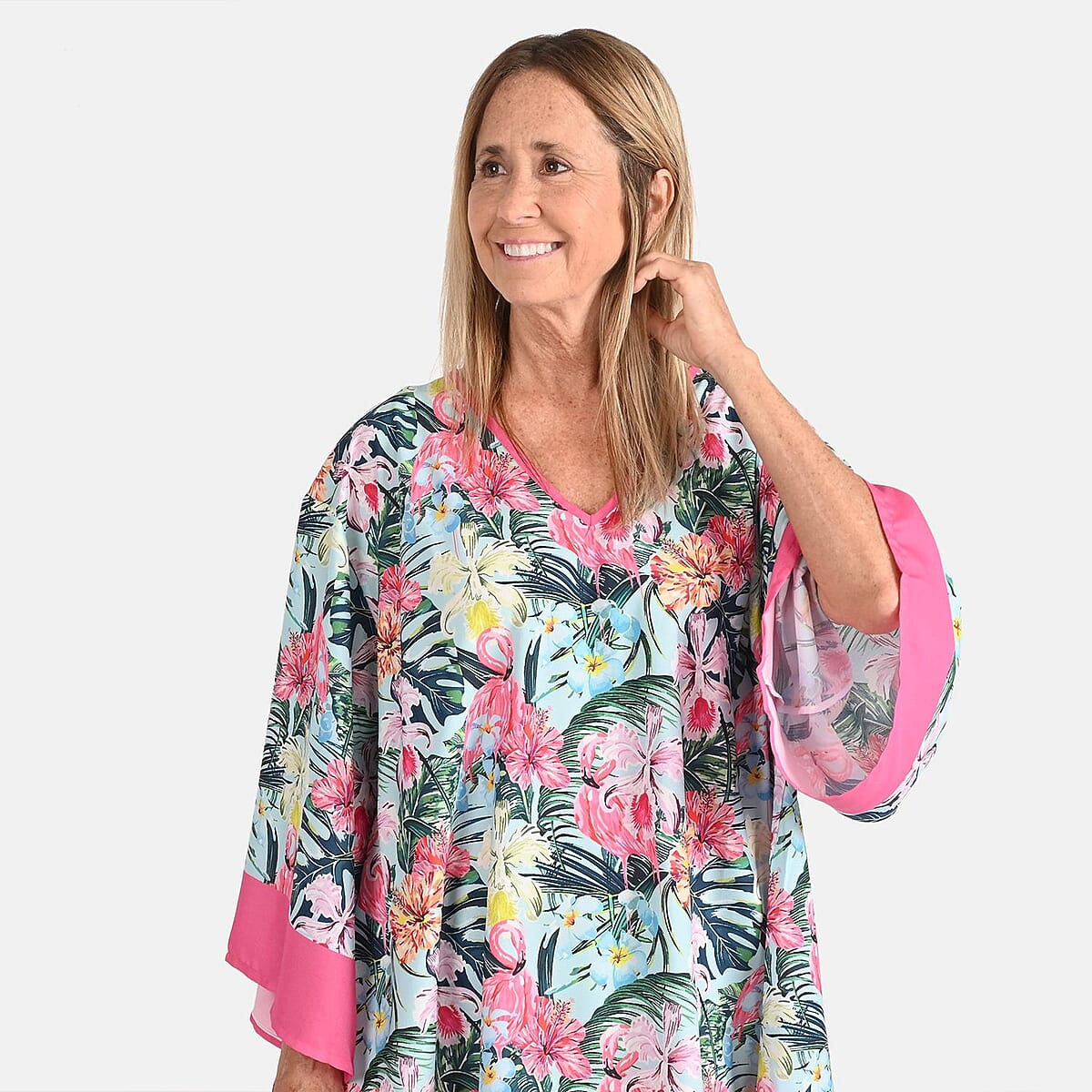 Tamsy Pink and Turquoise Floral Print Handkerchief Kaftan Dress - One Size Fits Most , Holiday Dress , Swimsuit Cover Up , Beach Cover Ups , Holiday Clothes image number 3
