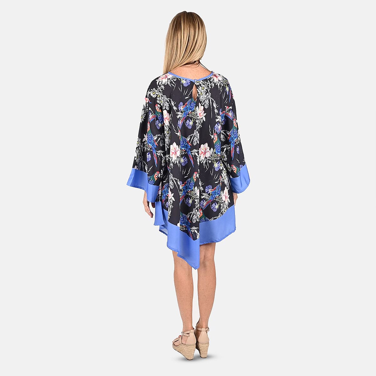 Tamsy Black and Blue Floral Print Handkerchief Kaftan Dress - One Size Fits Most | Holiday Dress | Swimsuit Cover Up | Beach Cover Ups | Holiday Clothes image number 1