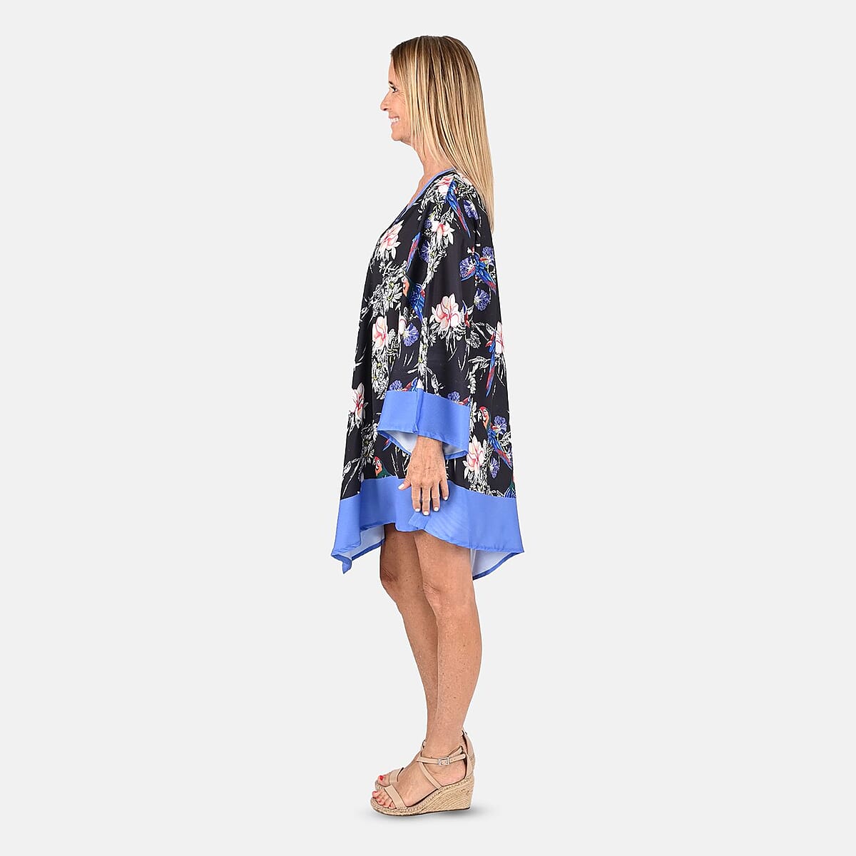 Tamsy Black and Blue Floral Print Handkerchief Kaftan Dress - One Size Fits Most | Holiday Dress | Swimsuit Cover Up | Beach Cover Ups | Holiday Clothes image number 2