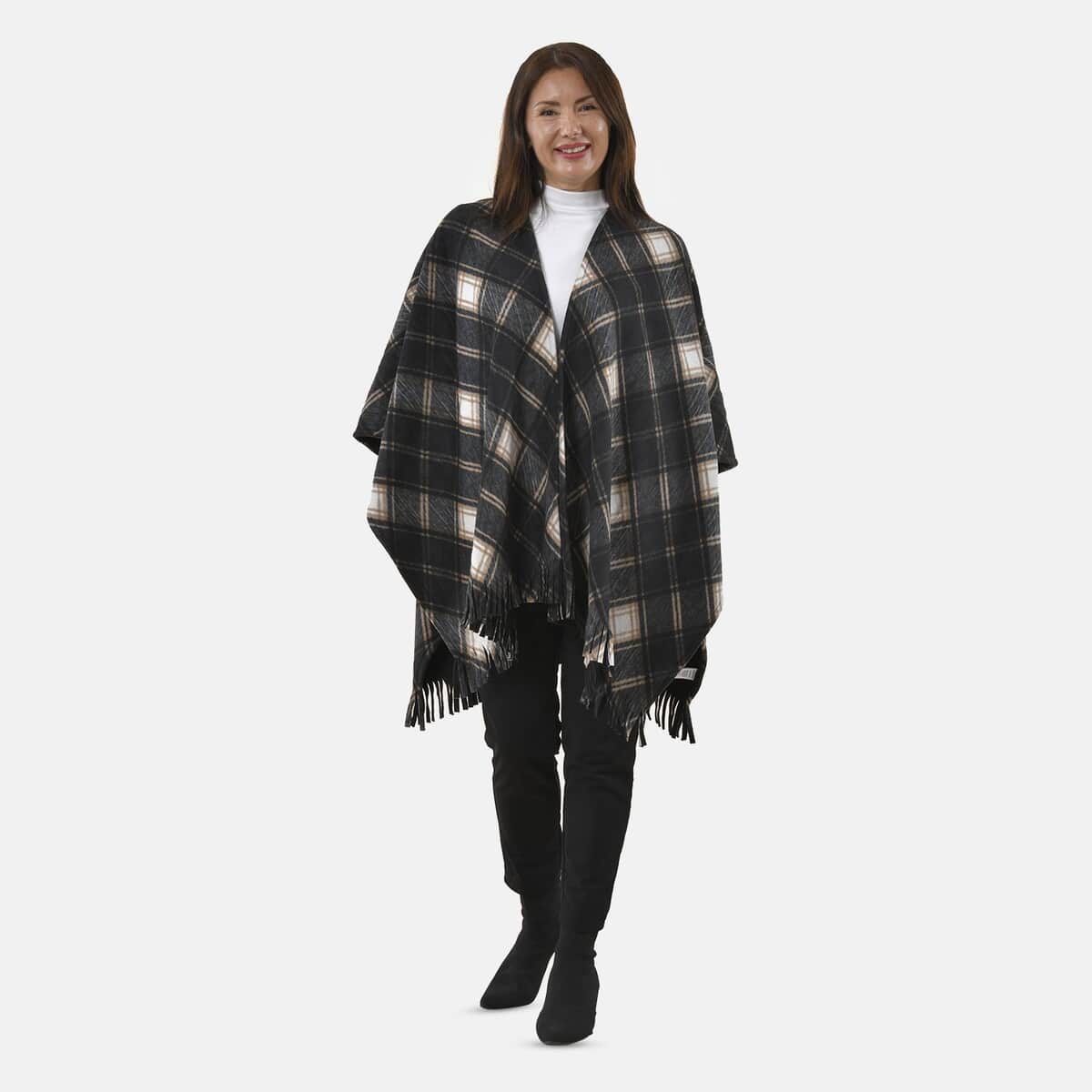 TAMSY Large Neutral Plaid Pattern Double Knit Poncho with Fringe (48"X 28.3") image number 0