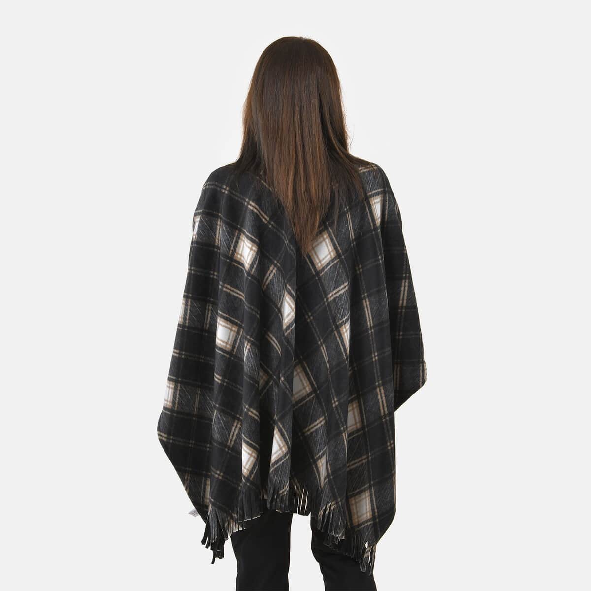 TAMSY Large Neutral Plaid Pattern Double Knit Poncho with Fringe (48"X 28.3") image number 1