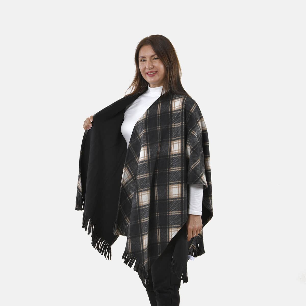 TAMSY Large Neutral Plaid Pattern Double Knit Poncho with Fringe (48"X 28.3") image number 3