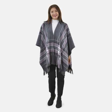 Tamsy Pink Stripe Plaid Pattern Double Knit Poncho with Fringe image number 0