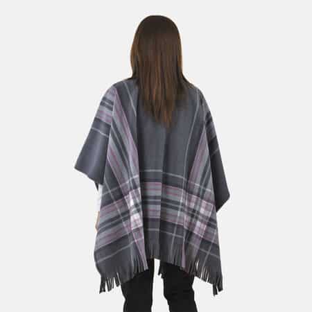Tamsy Pink Stripe Plaid Pattern Double Knit Poncho with Fringe image number 1