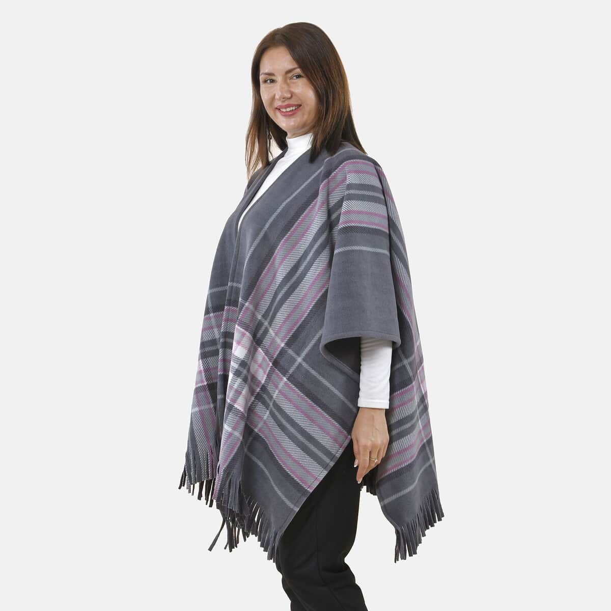 Tamsy Pink Stripe Plaid Pattern Double Knit Poncho with Fringe image number 2