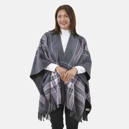 Tamsy Pink Stripe Plaid Pattern Double Knit Poncho with Fringe image number 4