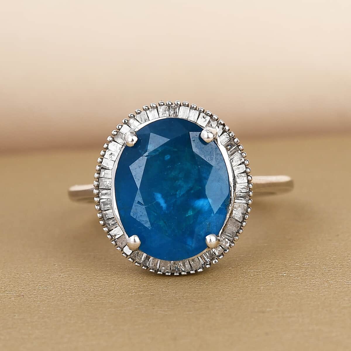 Malgache Neon Apatite and Diamond Halo Ring in Platinum Over Sterling Silver (Size 9.0) 5.00 ctw image number 1