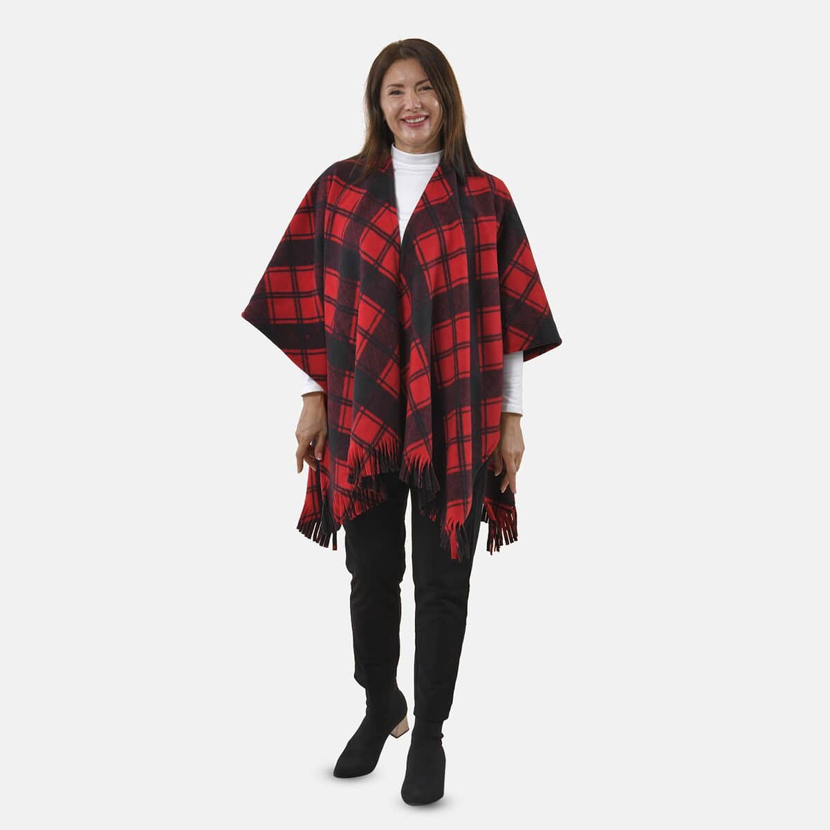 Tamsy Red Plaid Pattern Double Knit Poncho with Fringe image number 0