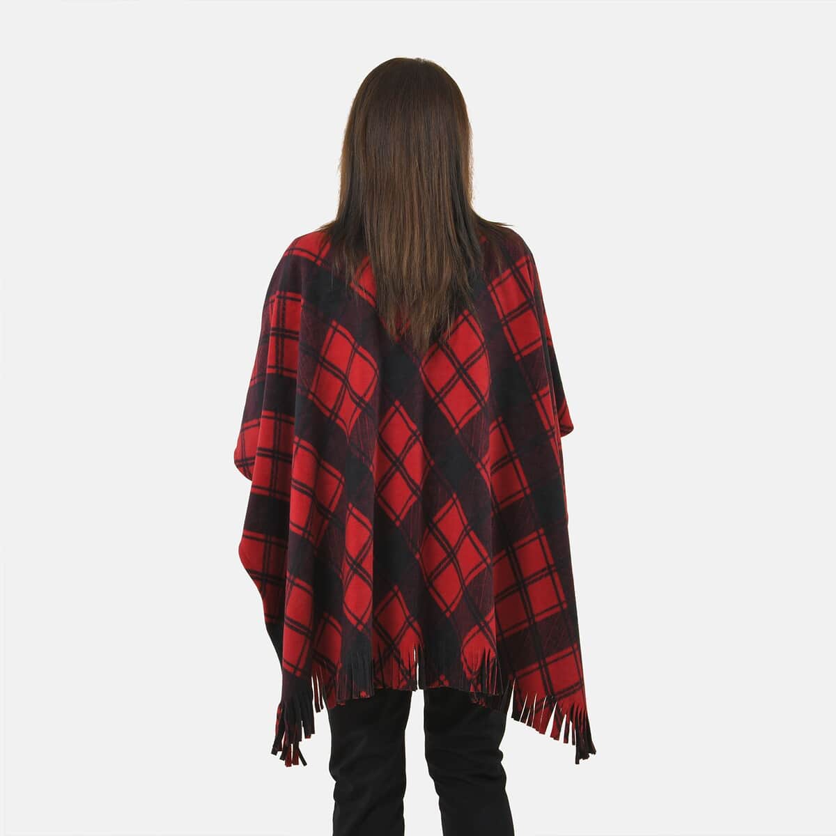 Tamsy Red Plaid Pattern Double Knit Poncho with Fringe image number 1