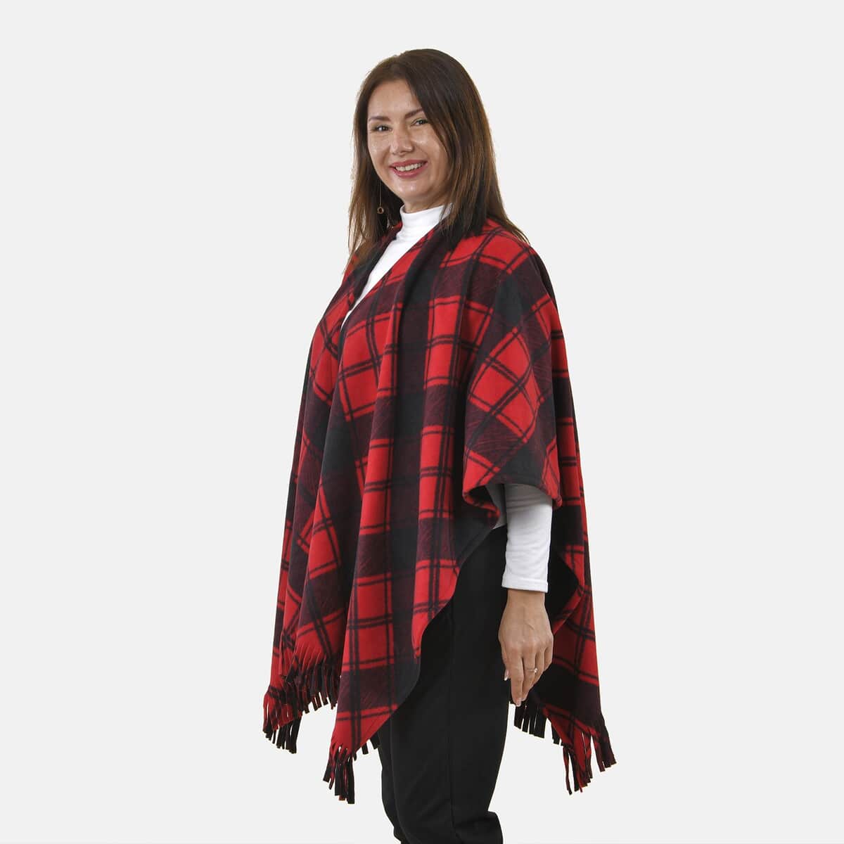 Tamsy Red Plaid Pattern Double Knit Poncho with Fringe image number 2