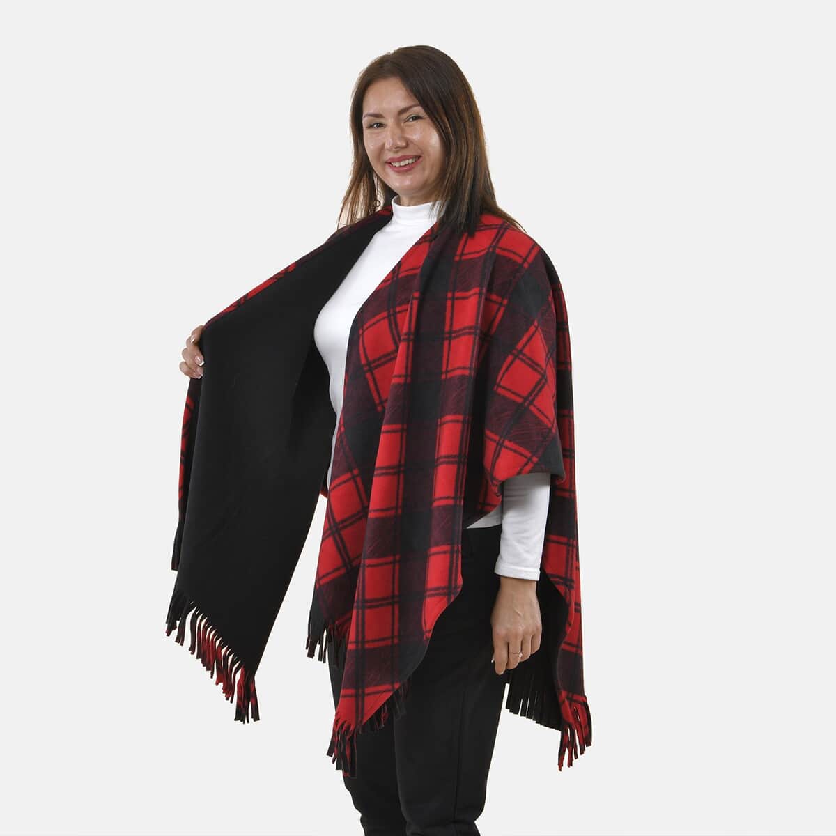 Tamsy Red Plaid Pattern Double Knit Poncho with Fringe image number 3