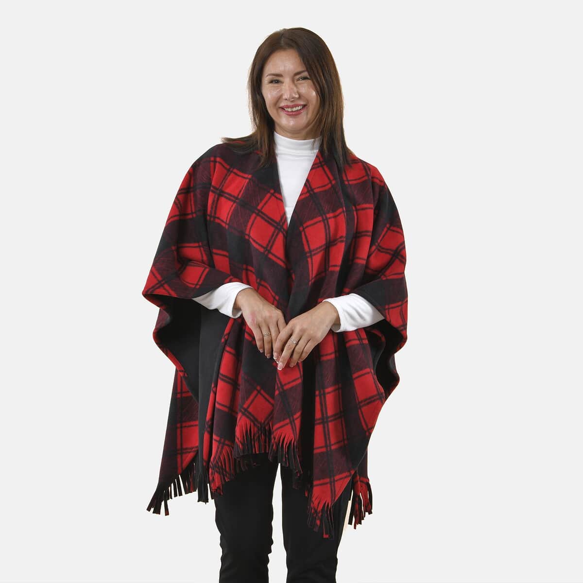 Tamsy Red Plaid Pattern Double Knit Poncho with Fringe image number 4
