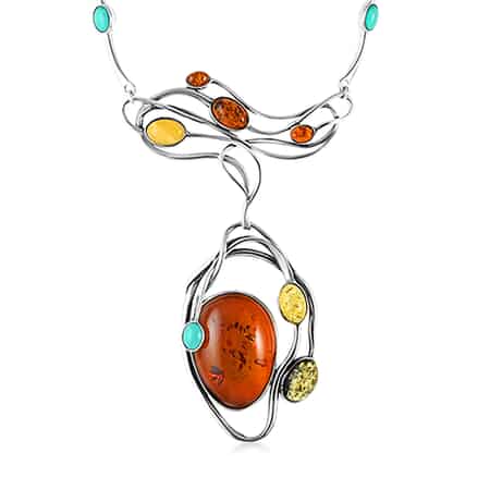 Multi Color Amber Abstract Floral Station Choker Necklace with Extender 18-20 Inches in Sterling Silver 51 Grams image number 0