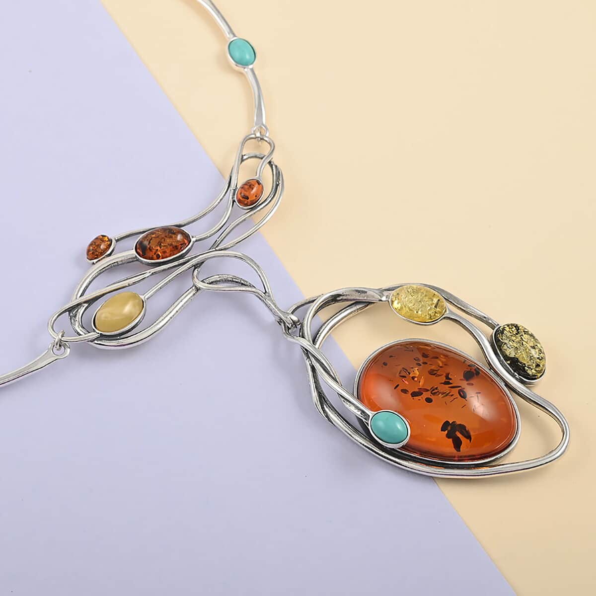 Multi Color Amber Abstract Floral Station Choker Necklace with Extender 18-20 Inches in Sterling Silver 51 Grams image number 1