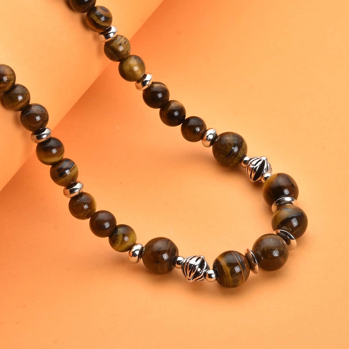 Yellow Tiger's Eye and Resin 143.00 ctw Beaded Necklace in Silvertone 18-20 Inches image number 1