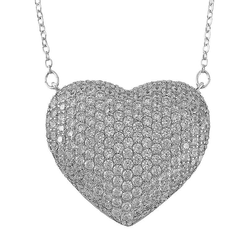 Simulated White Diamond Heart Necklace 20-22 Inches in Silvertone 