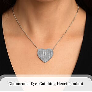 Simulated White Diamond Heart Necklace 20-22 Inches in Silvertone 