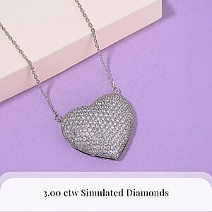 Simulated White Diamond Heart Necklace 20-22 Inches in Silvertone 