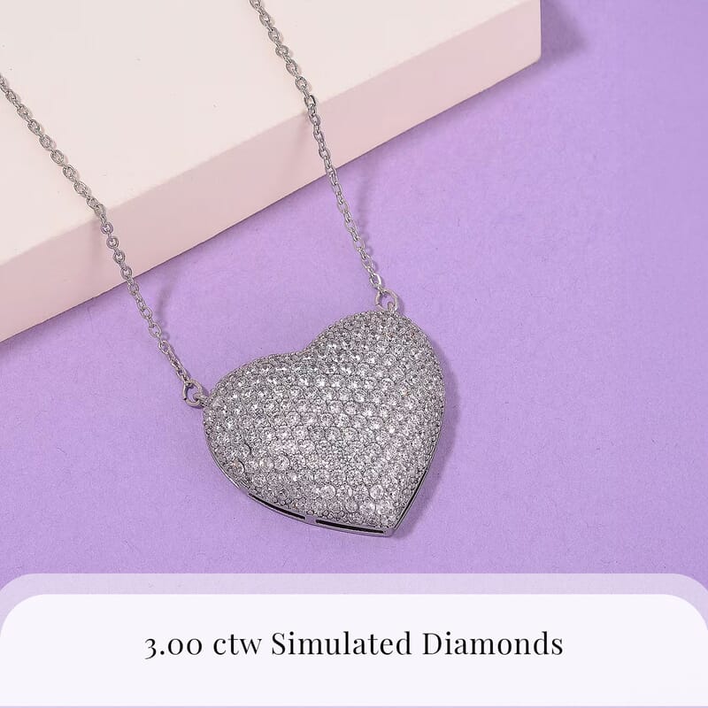 Simulated White Diamond Heart Necklace 20-22 Inches in Silvertone