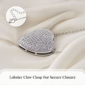 Simulated White Diamond Heart Necklace 20-22 Inches in Silvertone 