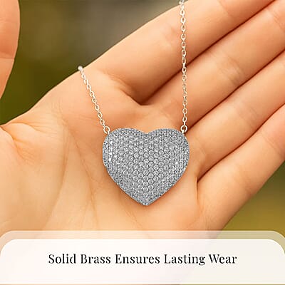 Simulated White Diamond Heart Necklace 20-22 Inches in Silvertone 
