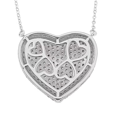 Simulated White Diamond Heart Necklace 20-22 Inches in Silvertone 