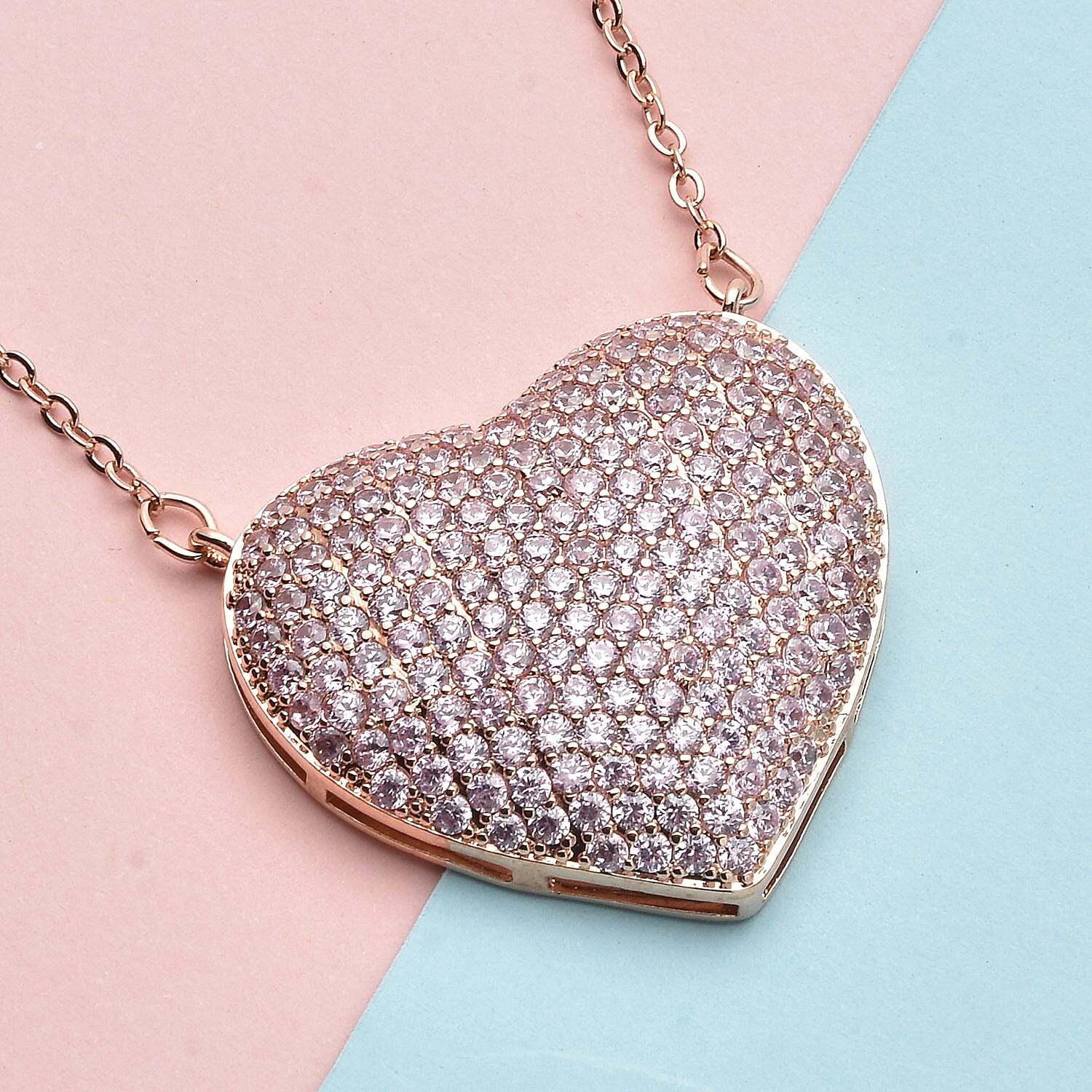 Simulated Pink Diamond Heart Necklace 20-22 Inches in Rosetone 