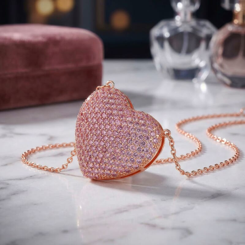 Simulated Pink Diamond Heart Necklace 20-22 Inches in Rosetone 