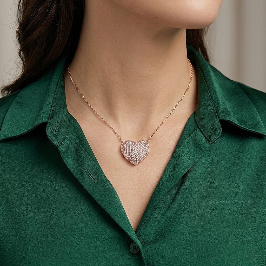 Simulated Pink Diamond Heart Necklace 20-22 Inches in Rosetone 