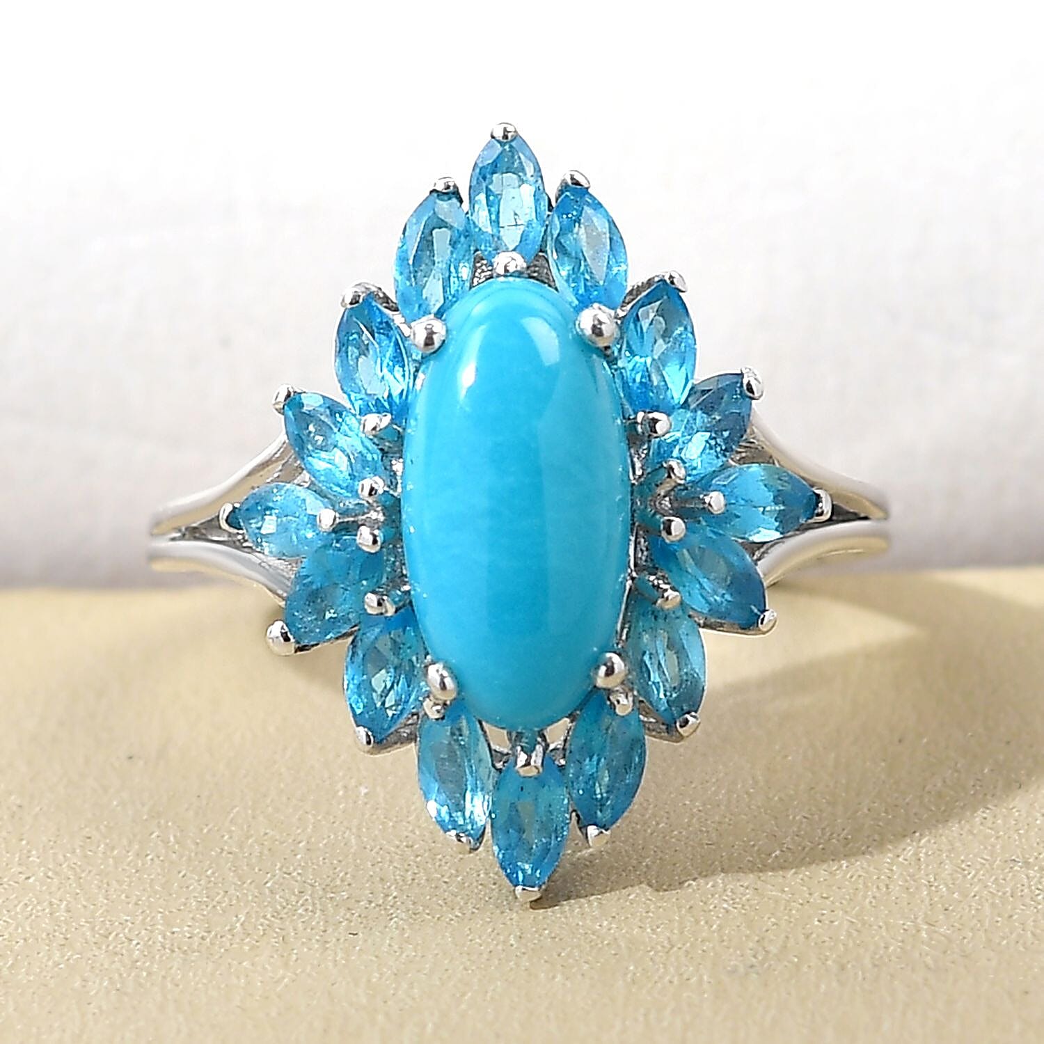 Sleeping Beauty Turquoise and Neon Apatite 3.50 ctw Cluster Ring in Platinum Over Sterling Silver (Size 5.5)