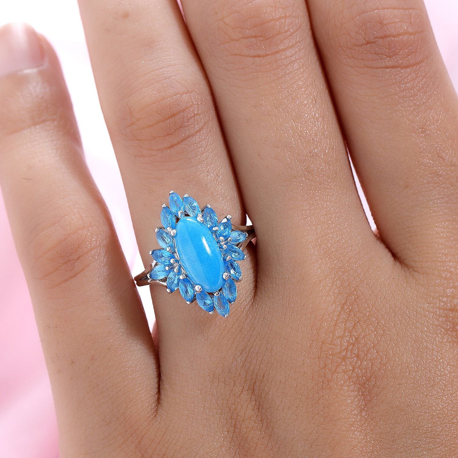 Sleeping Beauty Turquoise and Neon Apatite 3.50 ctw Cluster Ring in Platinum Over Sterling Silver (Size 5.5)