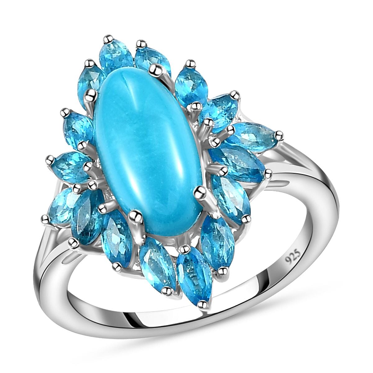 Sleeping Beauty Turquoise and Neon Apatite 3.50 ctw Cluster Ring in Platinum Over Sterling Silver (Size 5.5)