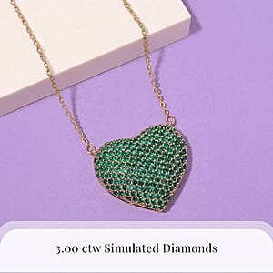 Simulated Green Diamond Heart Necklace 20-22 Inches in Goldtone