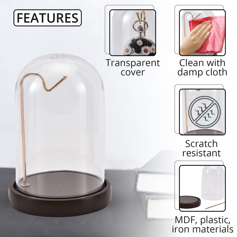 Brown Watch Display Case with Transparent Cover, Bell Jar Display Dome, Tabletop Display Cloche Dome