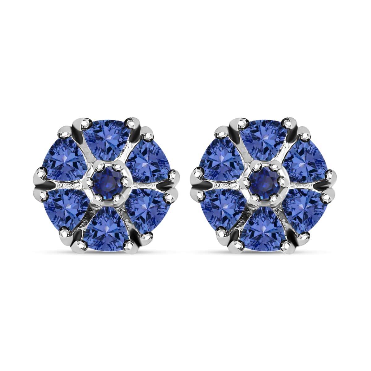 Tanzanite Stud Earrings in Platinum Plated Sterling Silver, Flower Studs For Women, Wedding Jewelry Gifts 1.10 ctw image number 0
