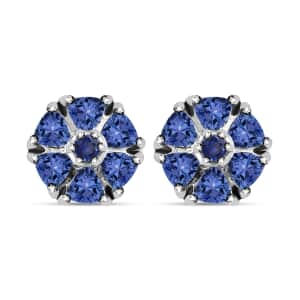 Tanzanite Stud Earrings in Platinum Plated Sterling Silver, Flower Studs For Women, Wedding Jewelry Gifts 1.10 ctw