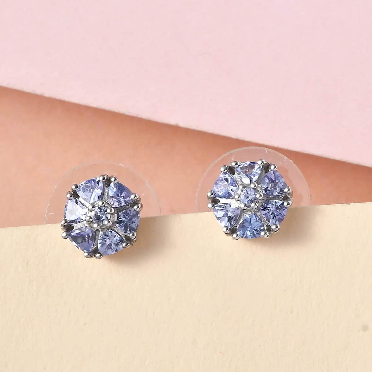 Tanzanite Stud Earrings in Platinum Plated Sterling Silver, Flower Studs For Women, Wedding Jewelry Gifts 1.10 ctw image number 1