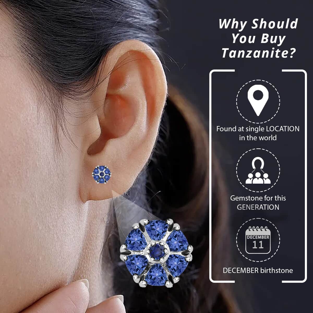 Tanzanite Stud Earrings in Platinum Plated Sterling Silver, Flower Studs For Women, Wedding Jewelry Gifts 1.10 ctw image number 3