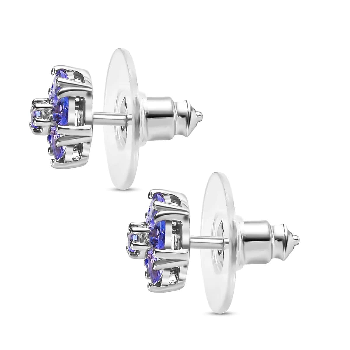 Tanzanite Stud Earrings in Platinum Plated Sterling Silver, Flower Studs For Women, Wedding Jewelry Gifts 1.10 ctw image number 5