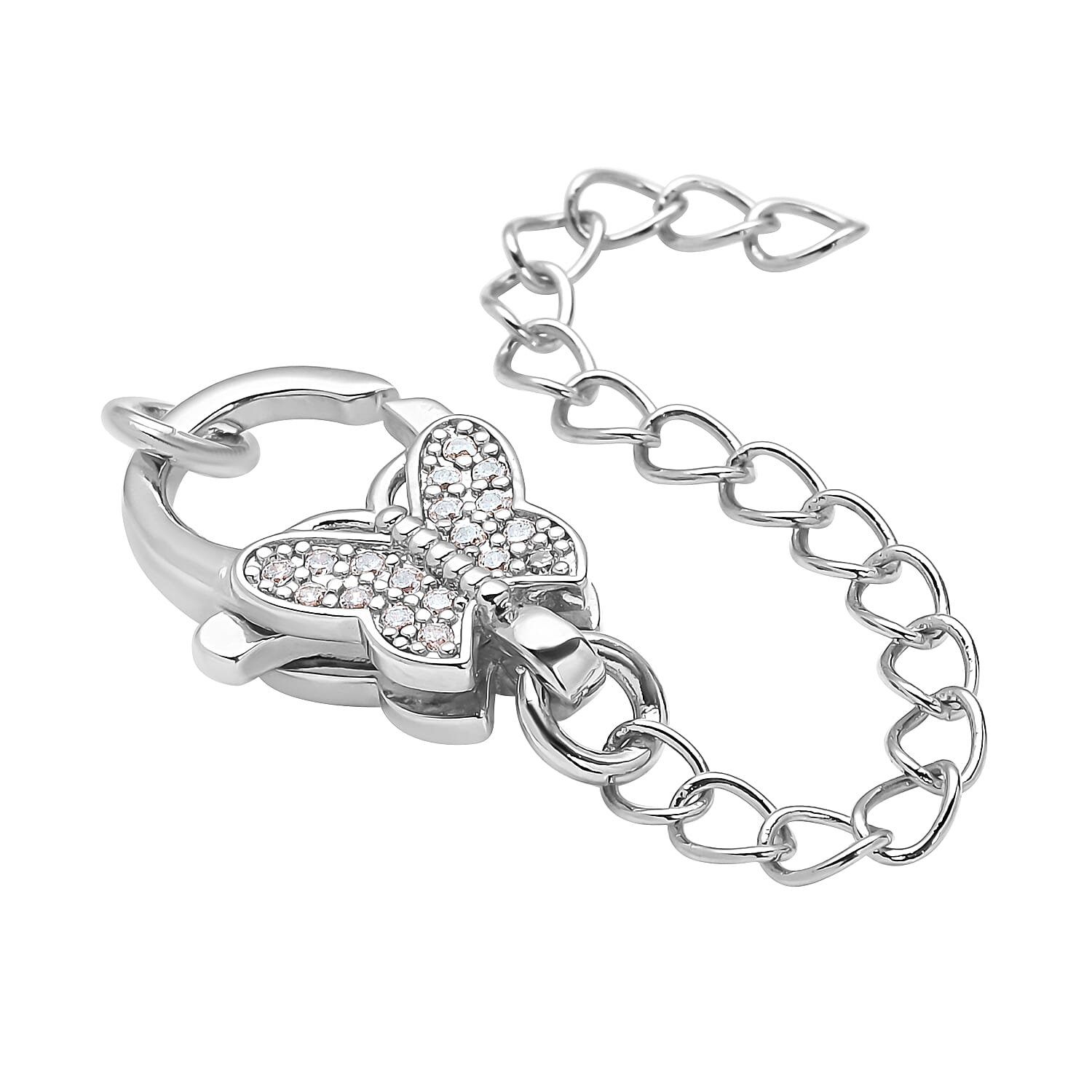 Simulated Diamond Solder Ring, Extension Chain 2 Inches with Butterfly Shape Lobster Lock in Silvertone 0.30 ctw