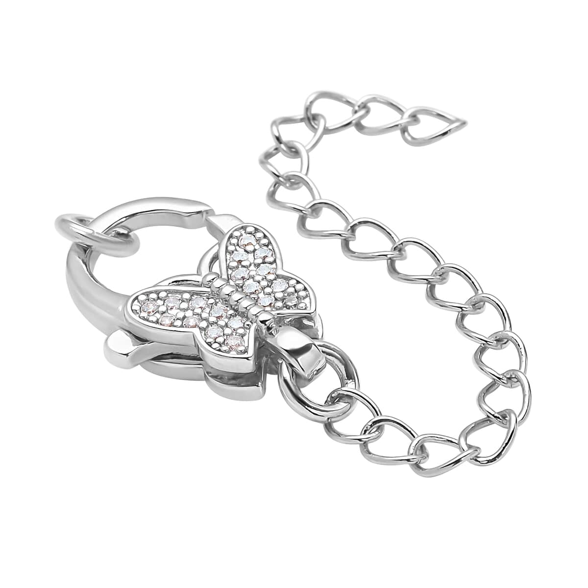 Simulated Diamond Solder Ring, Extension Chain (2 Inches) with Butterfly Shape Lobster Lock in Silvertone 0.30 ctw image number 2