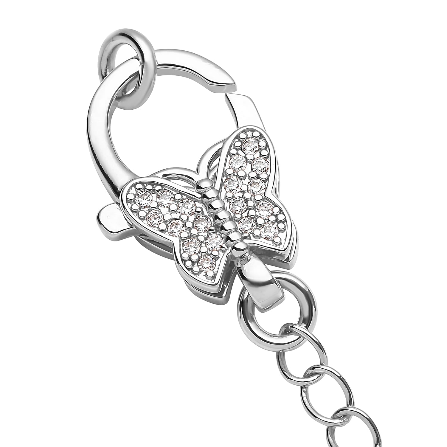 Simulated Diamond Solder Ring, Extension Chain 2 Inches with Butterfly Shape Lobster Lock in Silvertone 0.30 ctw