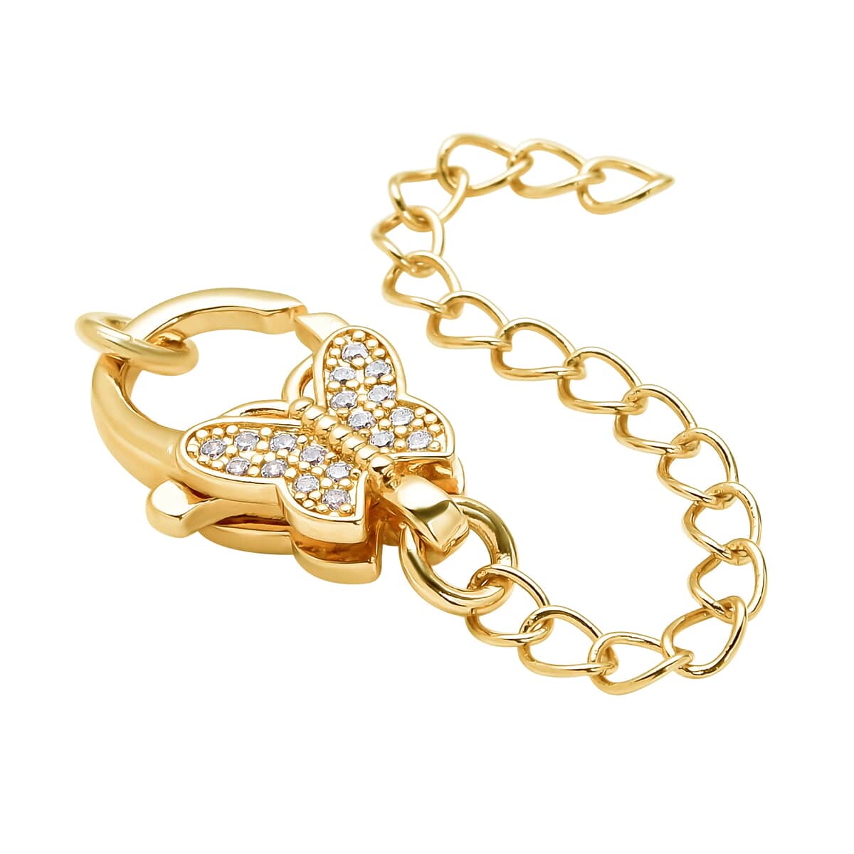 Simulated Diamond Solder Ring, Extension Chain (2 Inches) with Butterfly Shape Lobster Lock in Goldtone 0.30 ctw image number 2