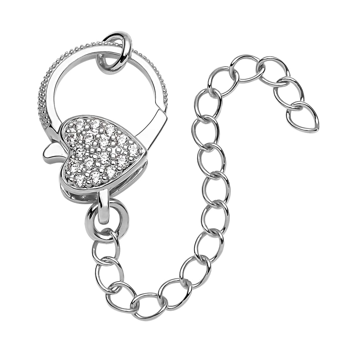 Simulated Diamond Solder Ring, Extension Chain (2 Inches) with Heart Shape Lobster Lock in Silvertone 0.30 ctw image number 0