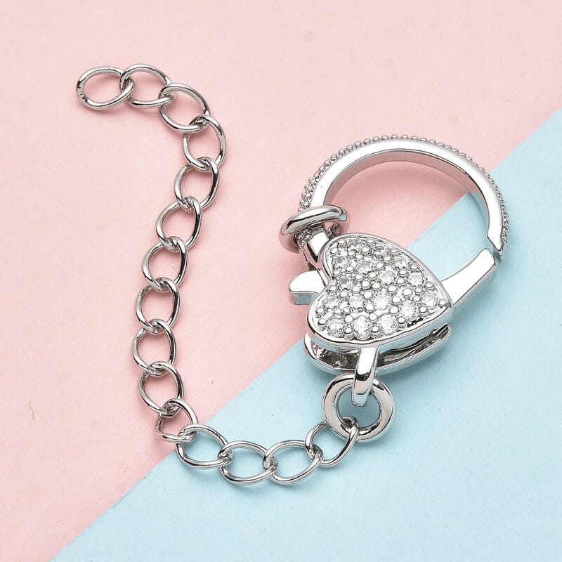 Simulated Diamond Solder Ring, Extension Chain 2 Inches with Heart Shape Lobster Lock in Silvertone 0.30 ctw